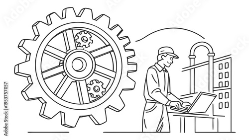 Skilled engineer uses laptop to control complex machinery and gears in a modern factory setting.