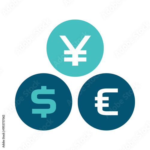Three different currency coins represent international exchange and multi currency finance. This graphic suits forex materials, banking dashboards, fintech services, and global business presentations