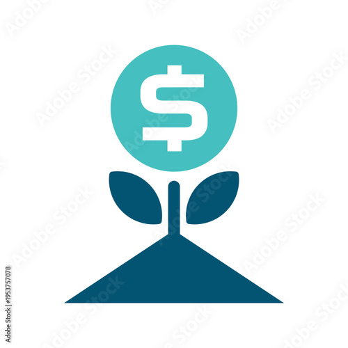 A currency sign growing like a plant represents investment and financial growth. This graphic suits banking services, wealth management materials, portfolio dashboards, and business finance 
