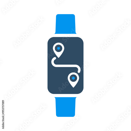 A smartwatch with connected location markers represents tracked distance and route measurement. This graphic suits running apps, fitness dashboards, travel workouts, and outdoor activity interfaces