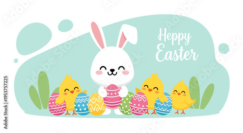 Easter bunny and chicks with eggs.