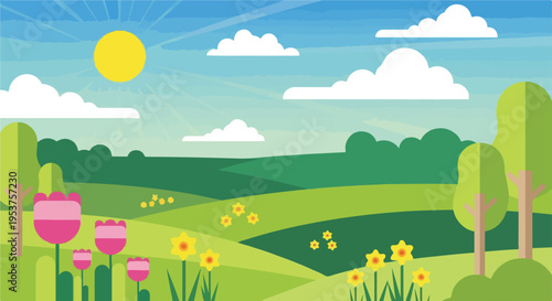 Cartoon-style illustration of a sunny day with clouds, trees, and fields
