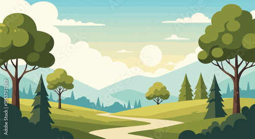 Cartoon-style illustration of a sunny landscape with trees, clouds, and hills