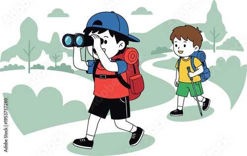 Two young boys with backpacks hiking on a scenic trail, one using binoculars to observe the surroundings.