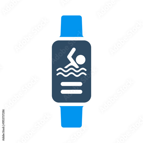 A smartwatch with a swimmer represents swim tracking and aquatic workout monitoring. This graphic suits fitness apps, pool dashboards, training plans, and wearable sport interfaces
