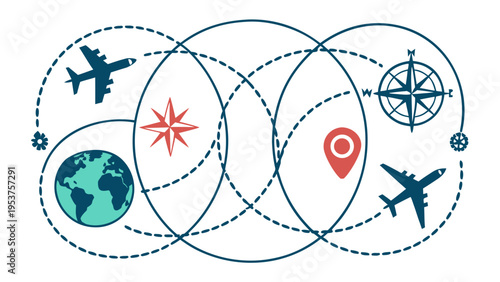 Abstract travel concept with airplanes, compass, globe, and location pin connecting in a circular flow.