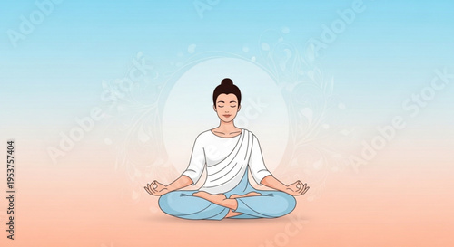 Serene buddhist monk meditating in lotus position with peaceful expression and soft lighting