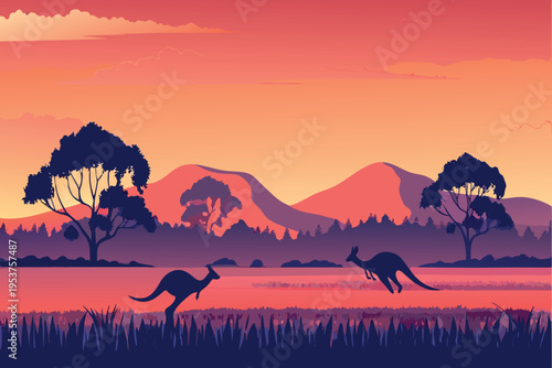 Silhouette of kangaroos against a vibrant australian sunset landscape