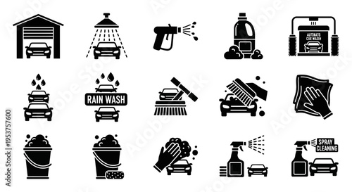 Car wash icon collection with pressure washer and garage tools