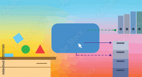 Cartoon-style office graphic featuring shapes, files, and a computer