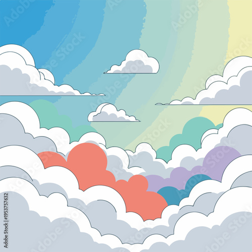 Cartoon-styled image of fluffy white clouds layered over colorful pastel sky