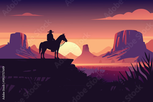 Silhouette of cowboy on horseback against a vibrant desert sunset