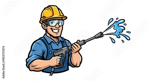 Worker using pressure washer spray gun in protective gear