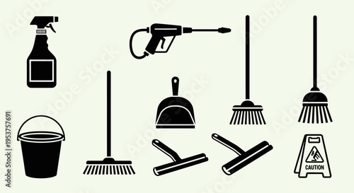 Cleaning equipment silhouette set with mop bucket and sprayer
