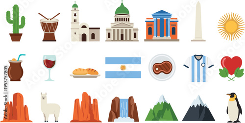 Argentina Cultural Travel Icons Set Featuring Landmarks Food Nature Animals And National Symbols Vector Isolated On White, 17 words.