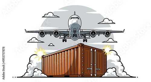 Cargo airplane flying over shipping container with clouds and sun