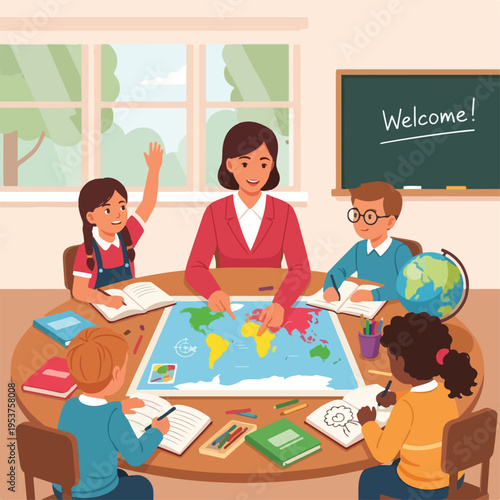 Class lesson on a colorful world map. Children with teacher. Blackboard with "Welcome