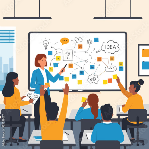 Classroom scene students and teacher interact near whiteboard