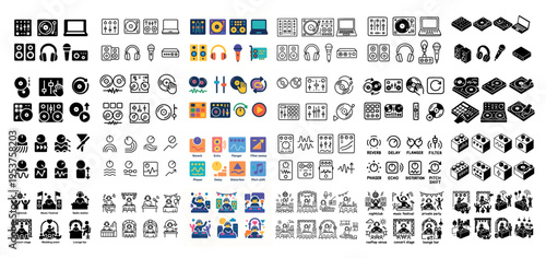 Music icons with speaker headphones vinyl colorful outline