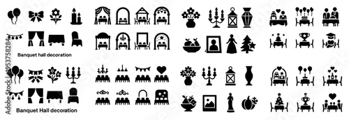 Banquet icons with table chair decoration flat