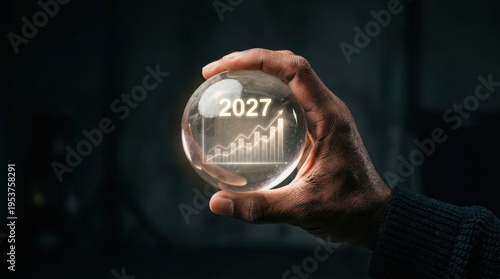Hand holding clear glass sphere with 2027 growth chart. Business outlook concept.