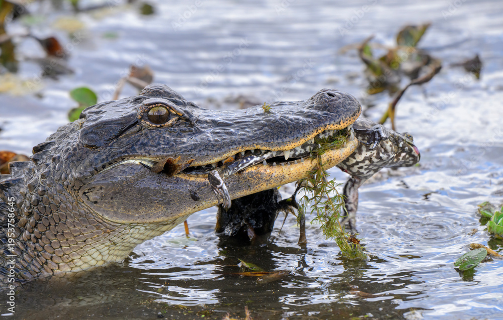 Fototapeta premium American alligator (Alligator mississippiensis) tossing and killing a caught American bullfrog (Lithobates catesbeianus) in a lake, Brazos Bend State Park, Fort Bend County, Texas, USA.