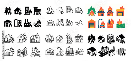Wildfire icons with house tree building flat