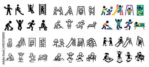 Children icons with slide swing running playful