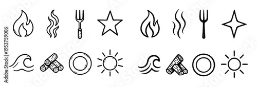 Campfire icons with flame log and sun linear