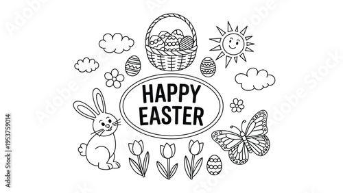 Happy Easter coloring page for kids with cute bunny, basket of eggs, butterfly, and flowers, festive spring holiday outline vector illustration on white background.
