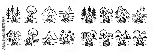 Camping icons with tent fire tree handdrawn