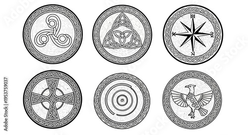 Collection of ancient symbolic circular emblems.