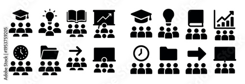 Education icons with group cap book outline