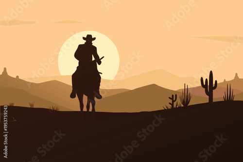 Silhouette of a cowboy riding a horse against a desert sunset