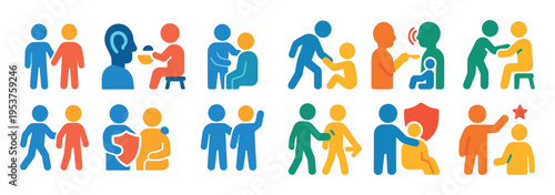 Care icons with caregiver patient shield colorful