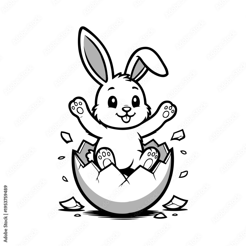 Obraz premium Logotipo conejo de Pascua. Dibujo sencillo con líneas y sombras de un conejito saliendo de un cascarón de huevo de Pascua, para felicitaciones y tarjetas