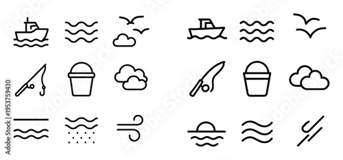 Sea icons with boat bucket fishing rod outline