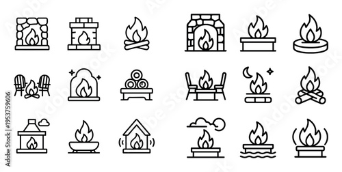 Fireplace icons with flame log chair outline