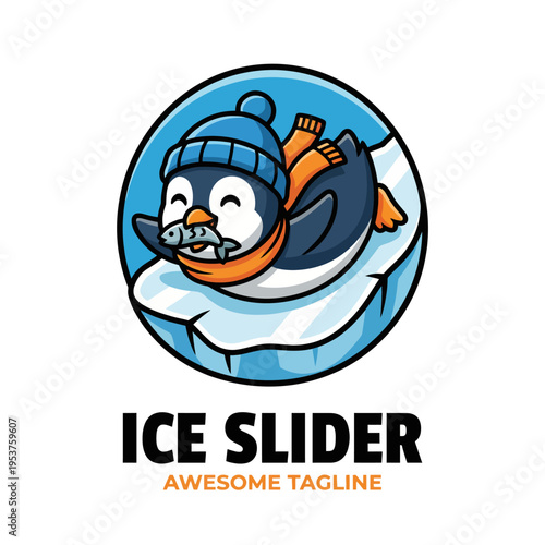This adorable penguin character is joyously sliding on ice while holding a fish. The vibrant colors and playful design create a fun and engaging concept for various uses.