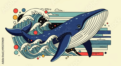 Majestic blue whale glides through abstract waves and cosmic background, a vibrant illustration of marine life and abstract art