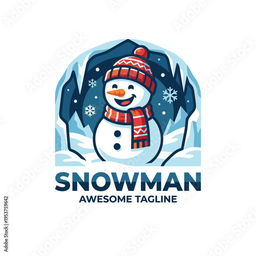 A delightful snowman wearing a scarf and hat stands cheerfully in front of an icy landscape, embodying the spirit of winter and holiday cheer in a cozy atmosphere.