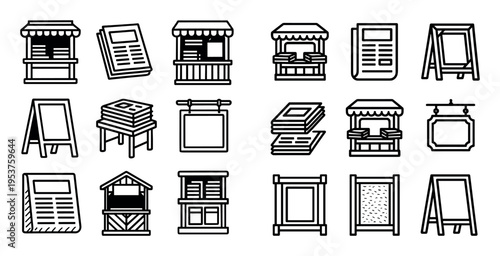 Market icons with stall newspaper sign outline