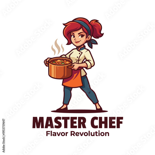 This delightful chef character girl, holding a steaming pot of food, presents a warm and thoughtful approach to cooking, showcasing love and creativity in the kitchen.