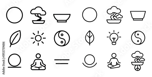 Wellness icons with bonsai leaf sun minimal