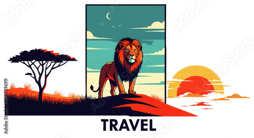 Vibrant African Safari Scene with Majestic Lion Silhouette, Baobab Tree, and Sunrise Over the Savannah