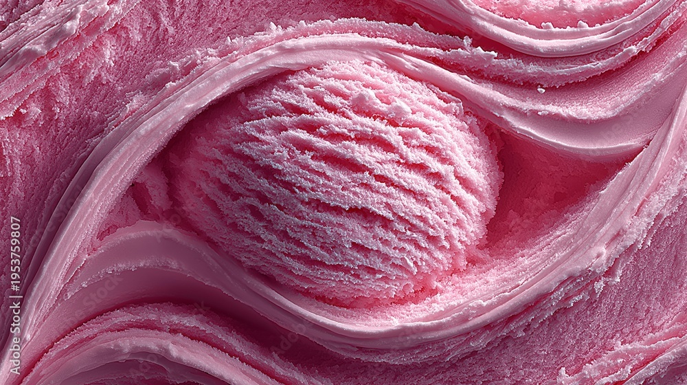 Fototapeta premium Rich, creamy pink sorbet forms beautiful swirls and patterns, inviting a joyful taste on a sunny day. The refreshing treat promises sweetness and satisfaction with each spoonful