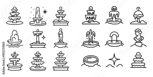 Garden icons with fountain statue outline