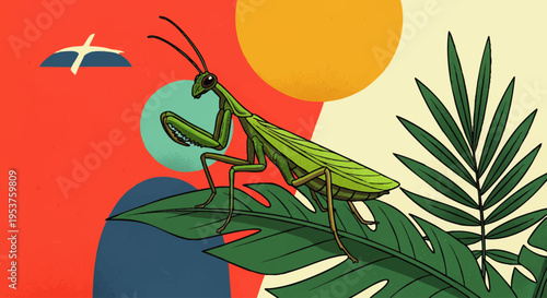 Vibrant illustration of a praying mantis on a tropical leaf. Abstract background with colorful geometric shapes, a stylized sun, and a bird, creating a modern nature graphic design
