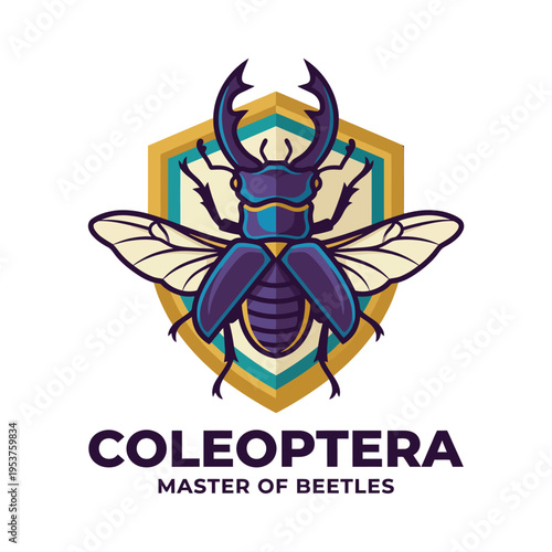 A striking illustration of a majestic beetle, armed with large horns, set within a geometric shield, symbolizing strength and mastery in the world of insects.