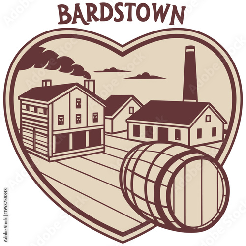 Bardstown Kentucky Bourbon Distillery Vintage Illustration in Heart Frame